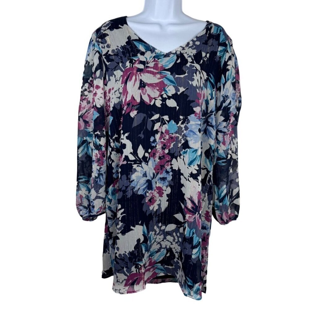 Three Eighty Two NEW Floral Multicolor Metallic Kate V Neck Mini Dress Sheer Lrg